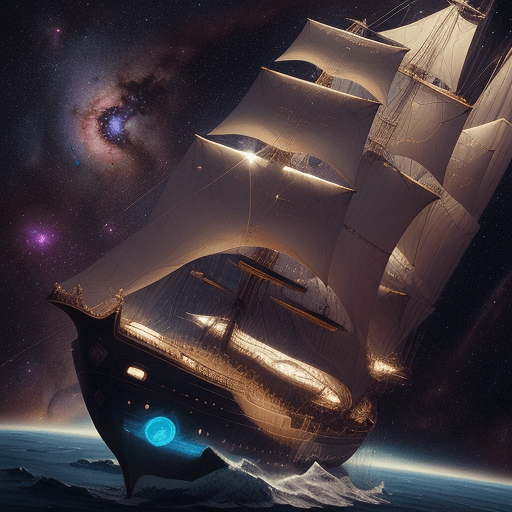AI generated: A vintage-style illustrated space sailing ship soaring through a cosmic nebula, inspired by Jules Ve...