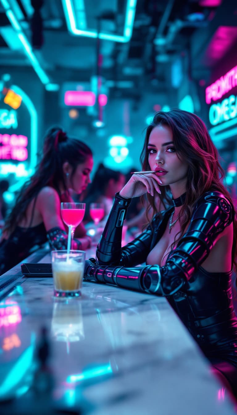 AI generated: Several beautiful women are sitting at the counter of a futuristic cyberpunk bar, wearing stylish cl...