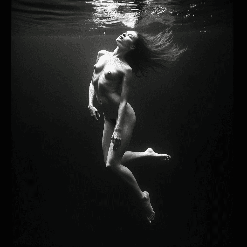 AI generated: High-contrast black-and-white underwater fine art photography. A graceful female figure floats suspe...