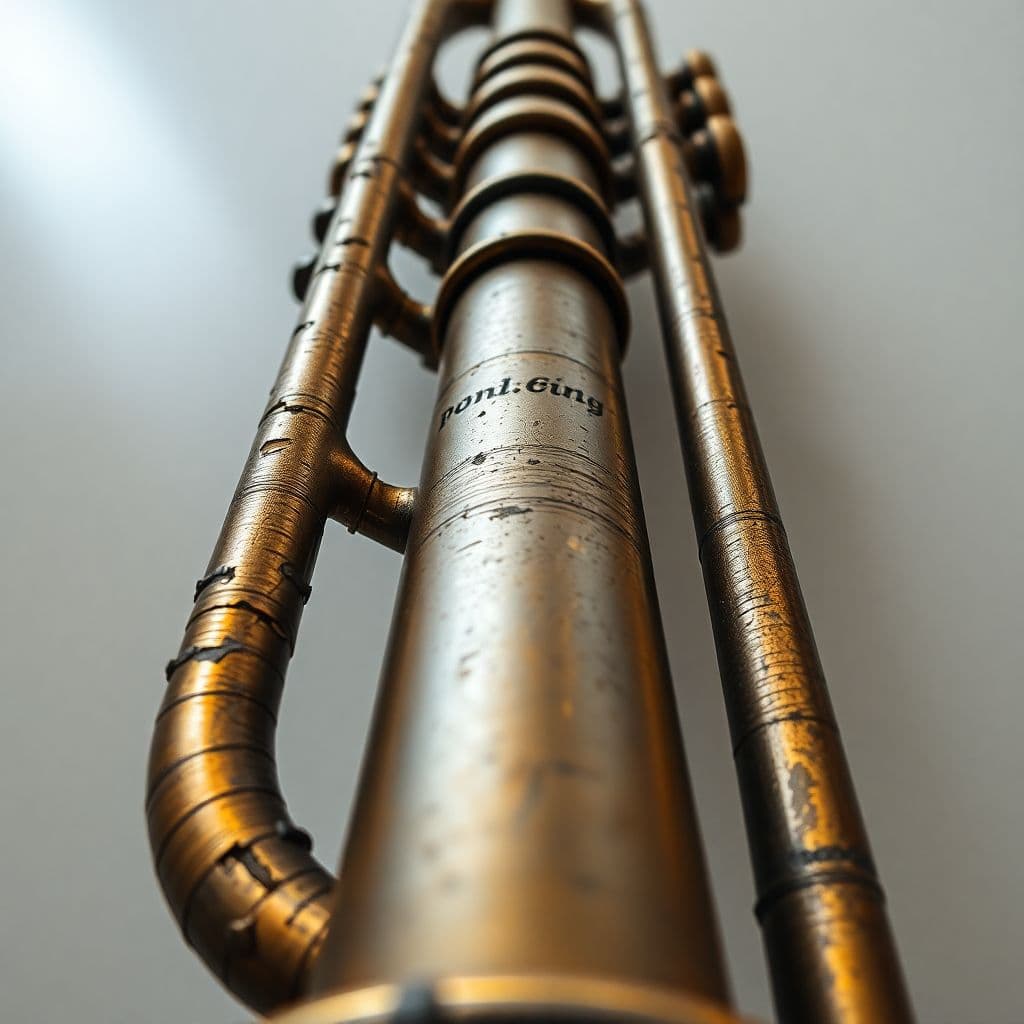 AI generated: Looking down the length of a tarnished, dilapidated trumpet. still a beautiful instrument, the trump...