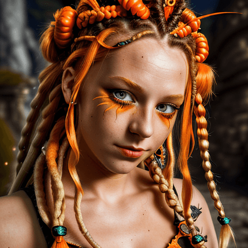 AI generated: junge prinzessin, orangene Dreadlocks, fantasy, flammen aus den augen, lawasee im hintergrund, 8k, d...