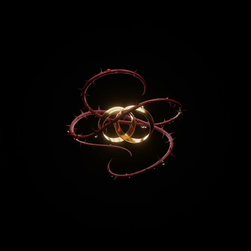 AI generated: Two golden wedding rings floating in midair against a deep black background, elegantly wrapped in ro...
