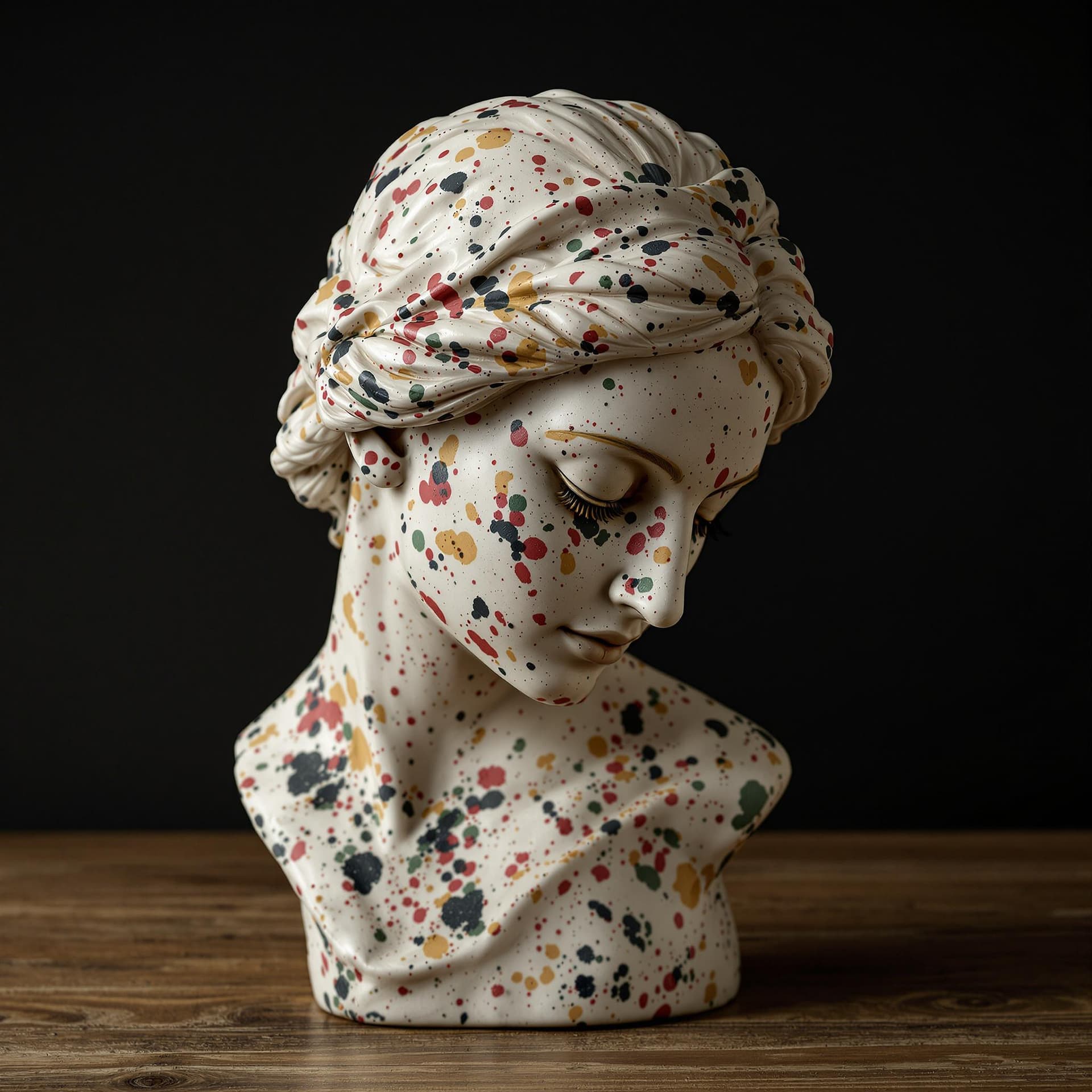 AI generated: An old marble bust sculpture of a woman, splattered with colorful paint,looking side downwards, eyes...
