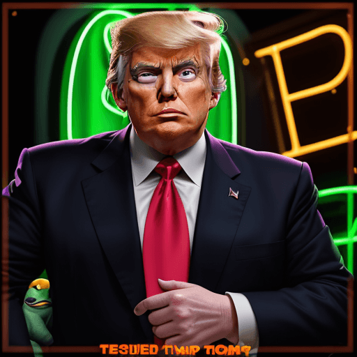 AI generated: President Donald Trump dressed in frog business suit, stares at the camera with a huge smile, and ho...