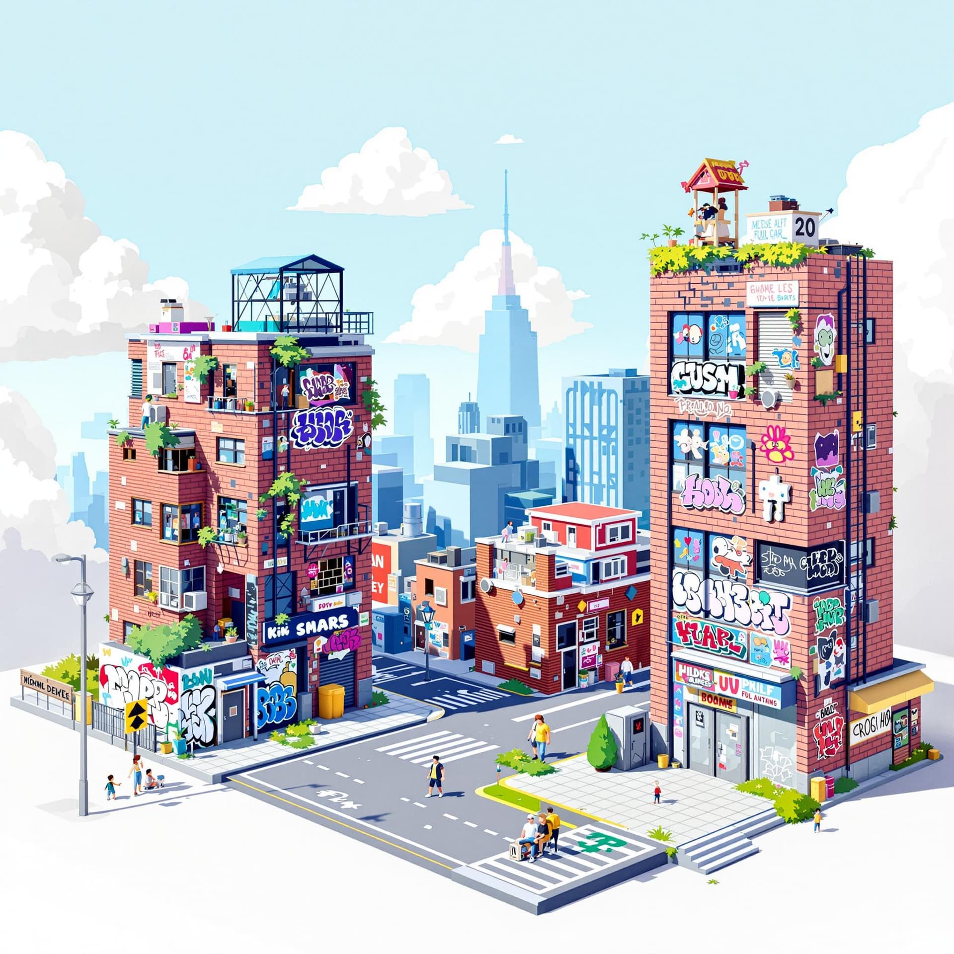 AI generated: 3d illustration hip hop urban buildings and with a little graffiti walls