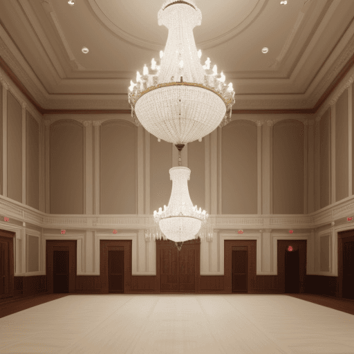 AI generated: a chandelier in a completely empty ballroom