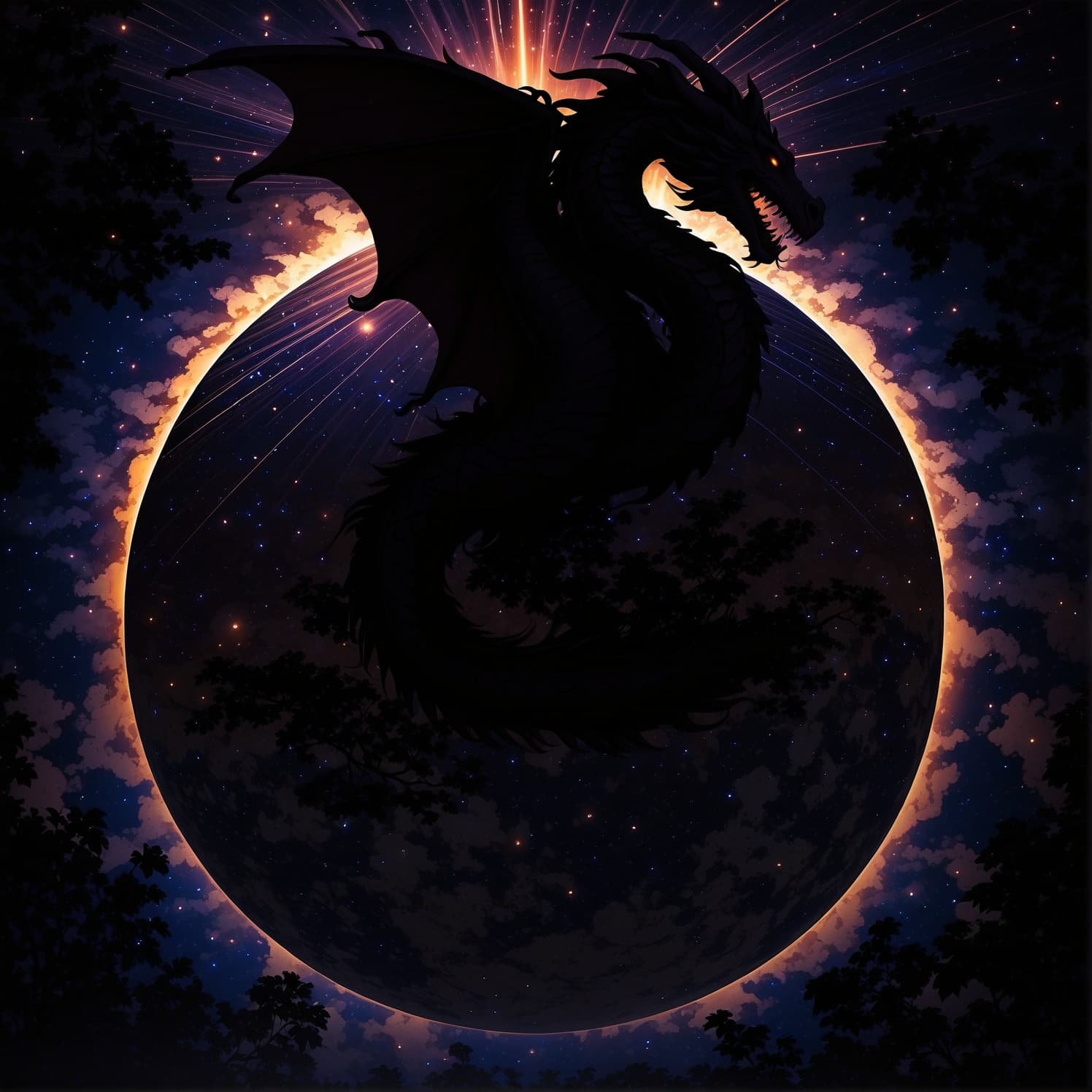 AI generated: A majestically entwined dragon, its sleek silhouette in stark contrast against the black backdrop of...