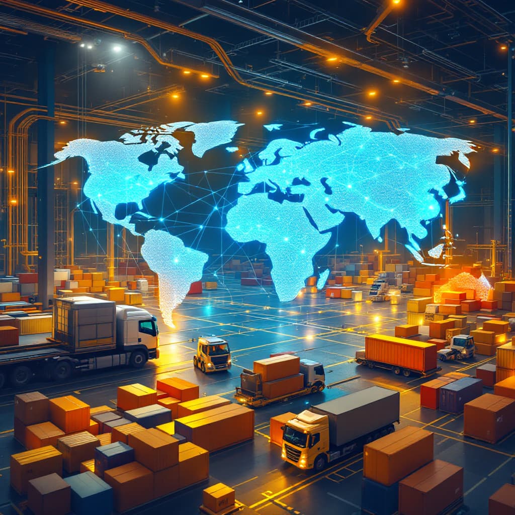 AI generated: /imagine prompt: AI-optimized global logistics hub, autonomous vehicles moving containers with milli...