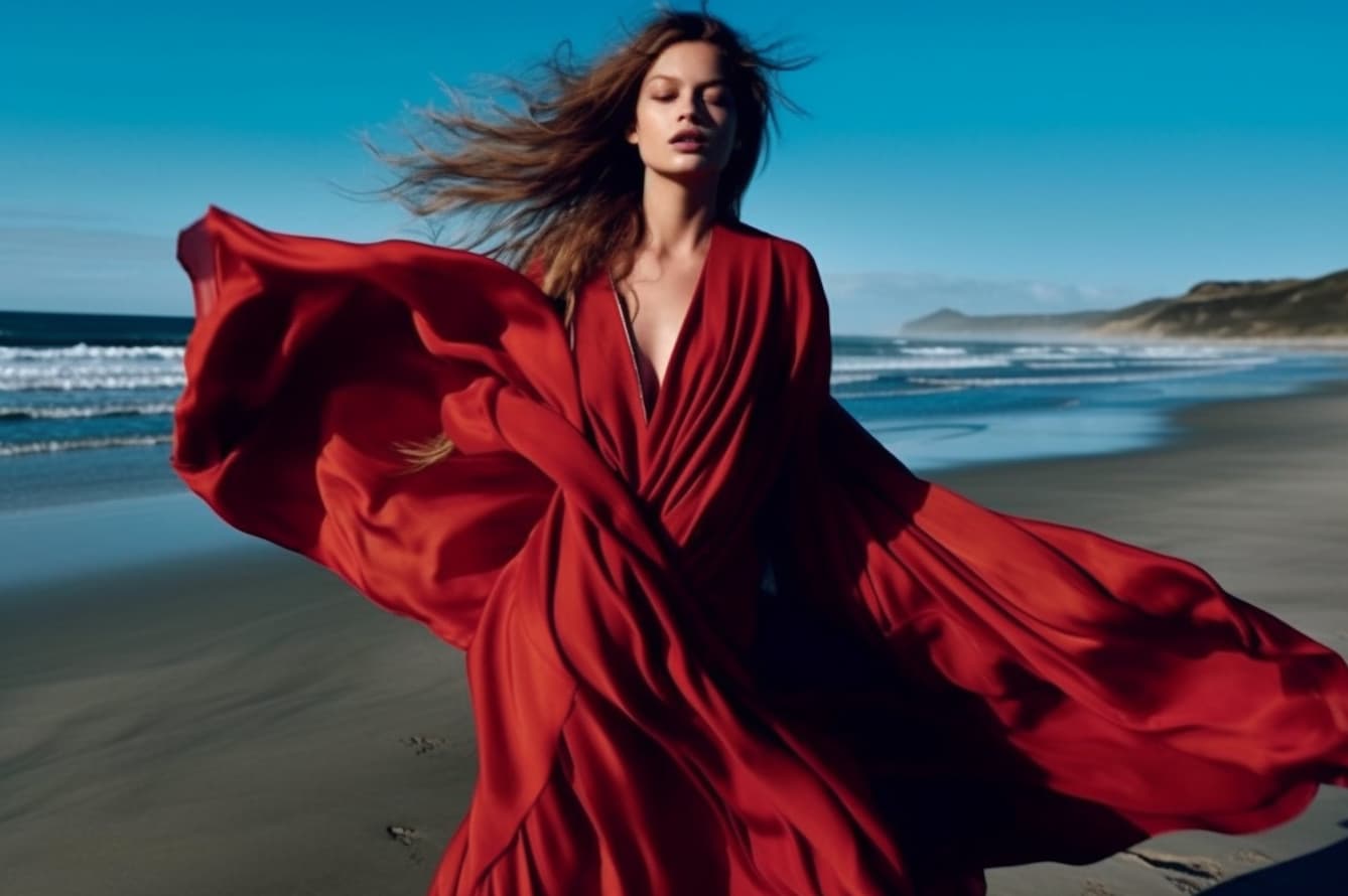 AI generated: a woman in a red dress walking on a beach, a picture, inspired by Annie Leibovitz, flowing hair and ...