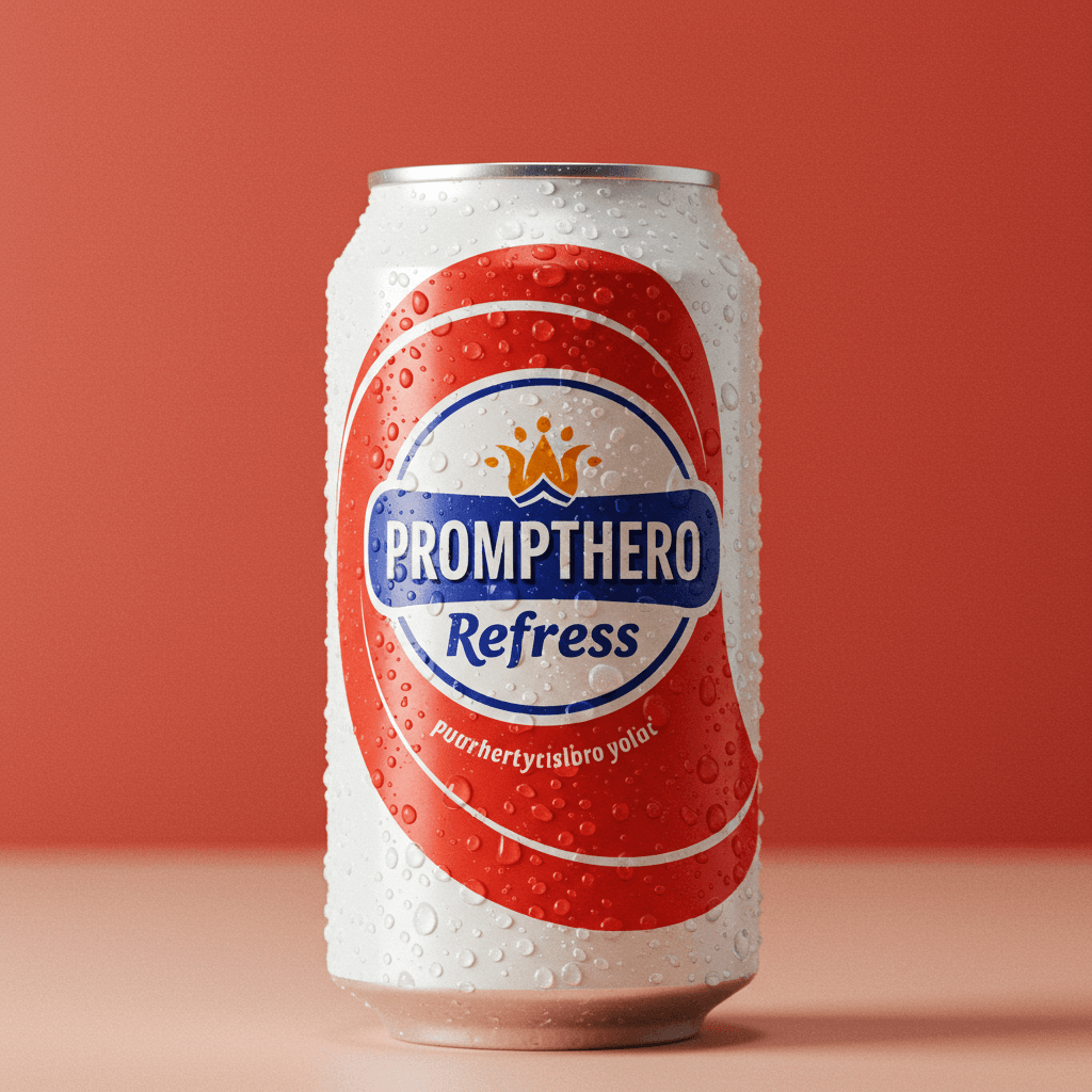 AI generated: product photograph of drink soda "refress" with the logo of "prompthero"