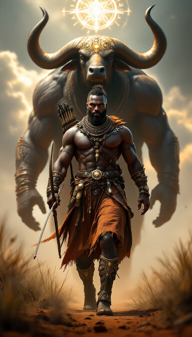 AI generated: An ultra-realistic, wide angle, front facing, full-body portrait of a skilled African Beastmaster, d...