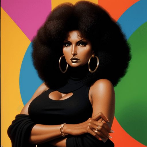 AI generated: Pam Grier the main character of a 70's show called Foxy Brown, serious expression, dressed in all bl...