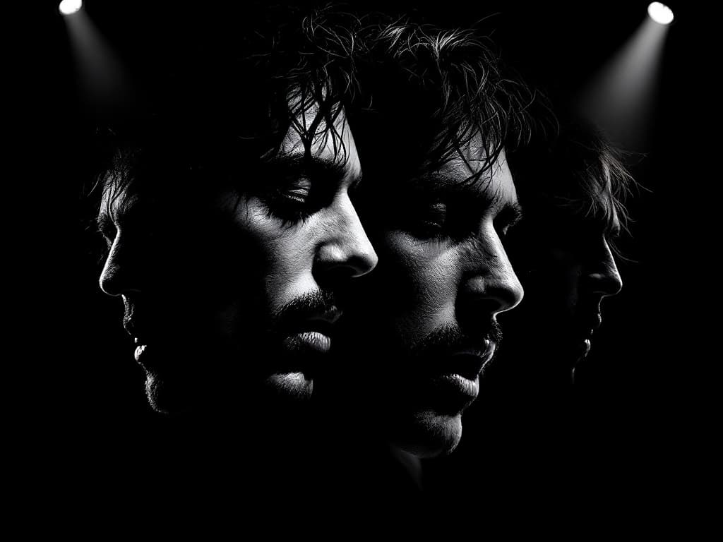 AI generated: A photorealistic depiction of a dramatic Classic Rock-inspired scene, featuring four stylized faces ...