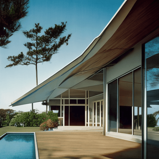 AI generated: Hyper realistic eye level exterior photo of a mid century modern style house overlooking the ocean, ...