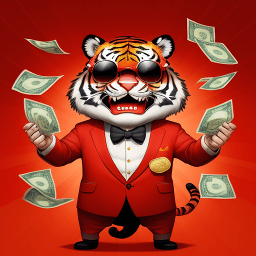AI generated: A cartoon tiger wearing sunglasses and a red suit is laughing joyfully while holding red envelopes a...