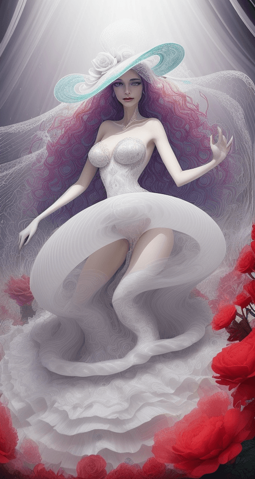 AI generated: Extreme Wide Shot, Surreal scene of the striped form lady, emerging from lady Hat wavy striped liqui...