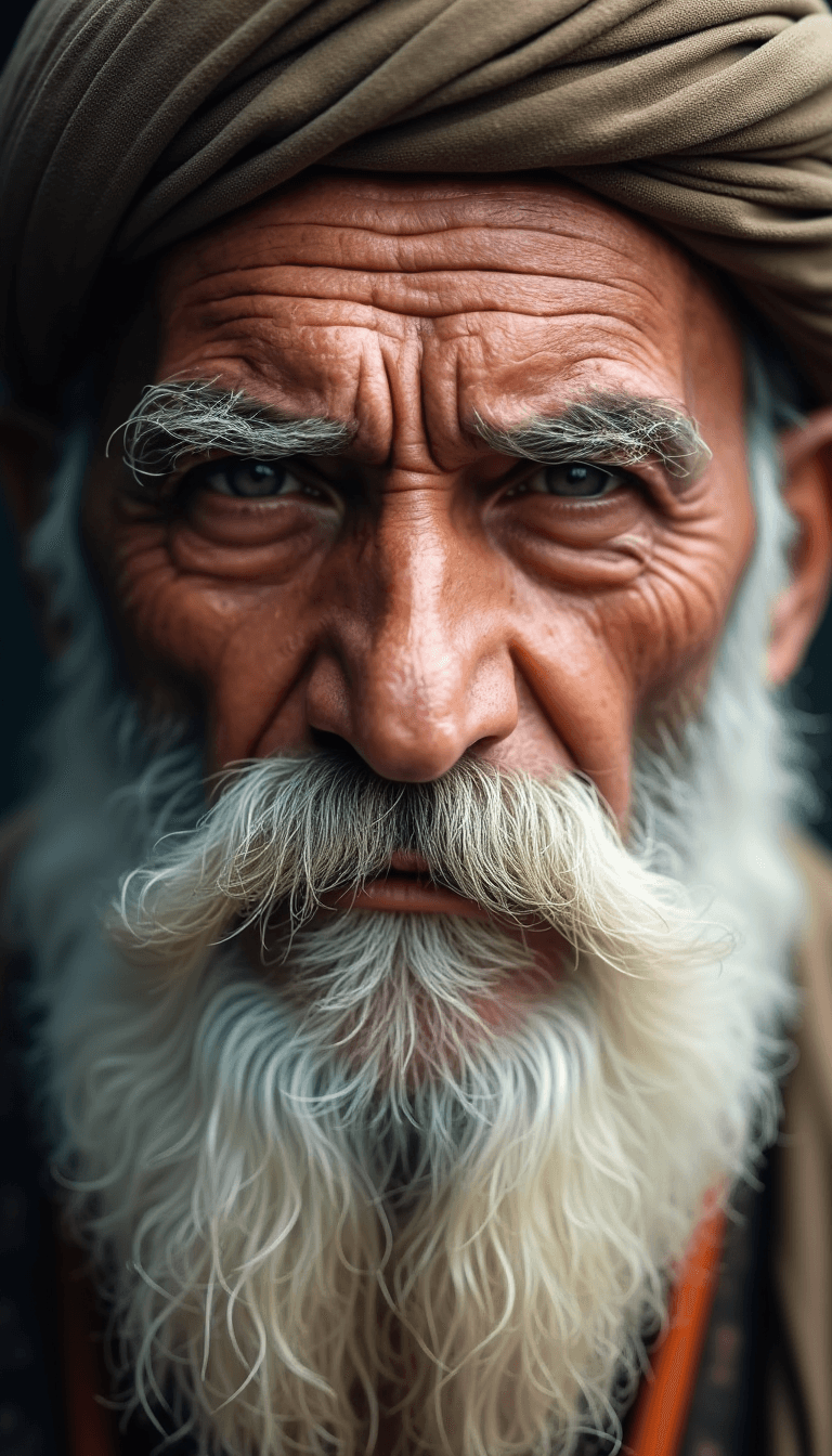 AI generated: The image features an older man, a long white beard and mustache, wearing turban, He has a stern exp...