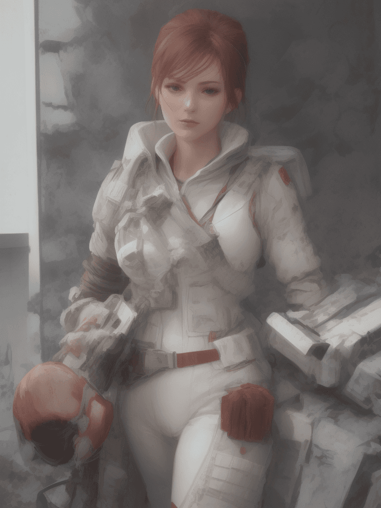 AI generated: Adult female with athletic build, shoulder-length red hair, wearing white metal combat armor and a w...