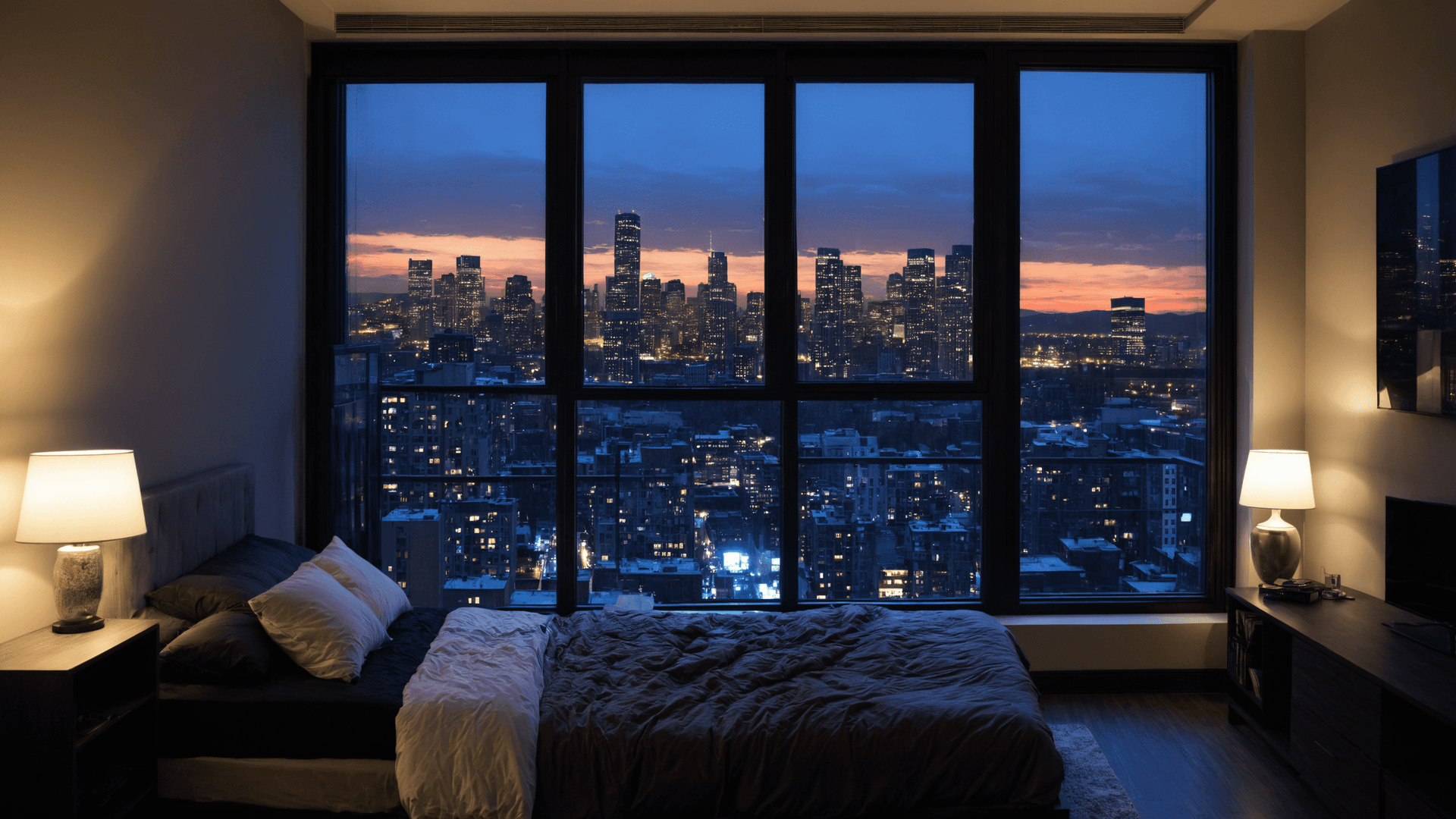 AI generated: photo inside an apartment,bed,large windows overlooking a city at night,