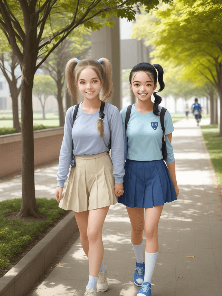 AI generated: a cute girl with pony tale, walk in campus, smile, light beige and blue