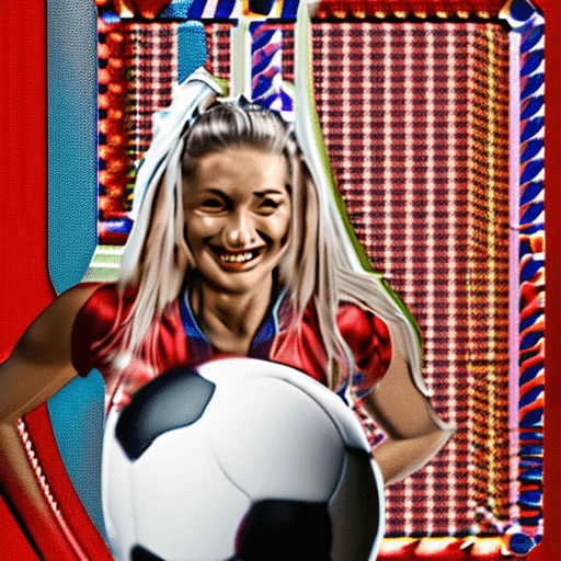 AI generated: professional sports athletic woman dressed as soccer player, soccer ball, smiling, football pitch in...
