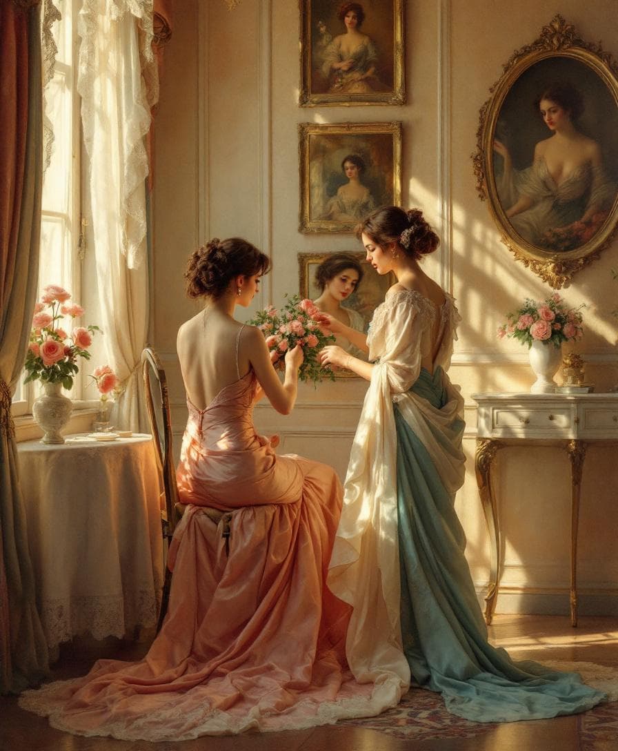 AI generated: (Masterpiece), ((“Interior with Two Ladies Before the Mirror” inspired by Fernand Toussaint, 1900)),...