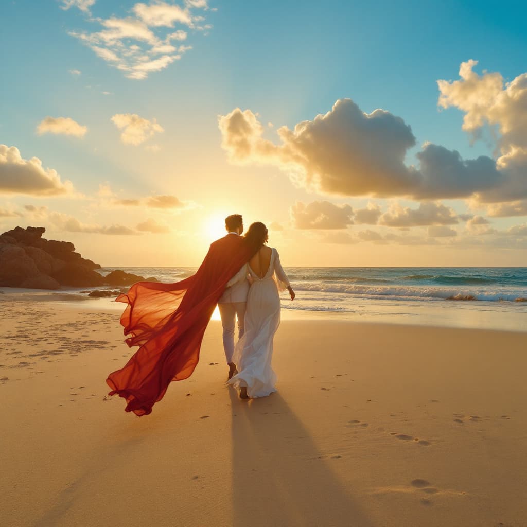 AI generated: "A married couple, chasing the sunset.a calm spot on an island beach, with no people around—golden s...