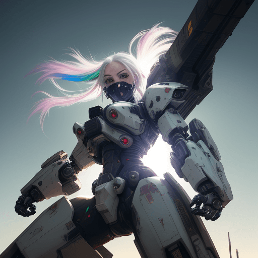AI generated: urbanpunk, low angle shot, a pretty cyborg ninja with multicolor notched light cyberpunk armor, pret...
