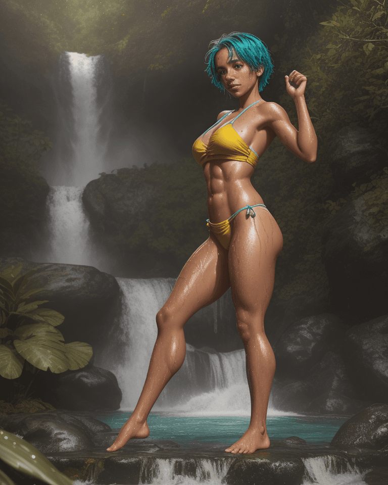 AI generated: Full body, Latina, tan, abs, soaking wet, short teal hair, freckles, excited, she is posing a path n...