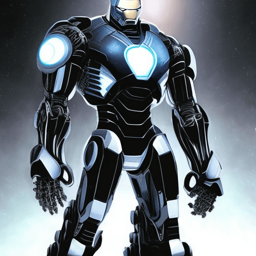 AI generated: Black mechanical suit, Iron man. Full body image, white illuminated "0018" tainted. Discovering new ...