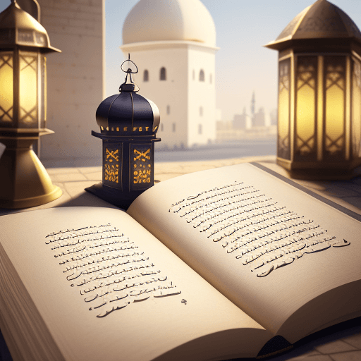 AI generated: Flyer, open book and medieval pen, Ramadan lantern, mosque minaret in the background, golden decorat...