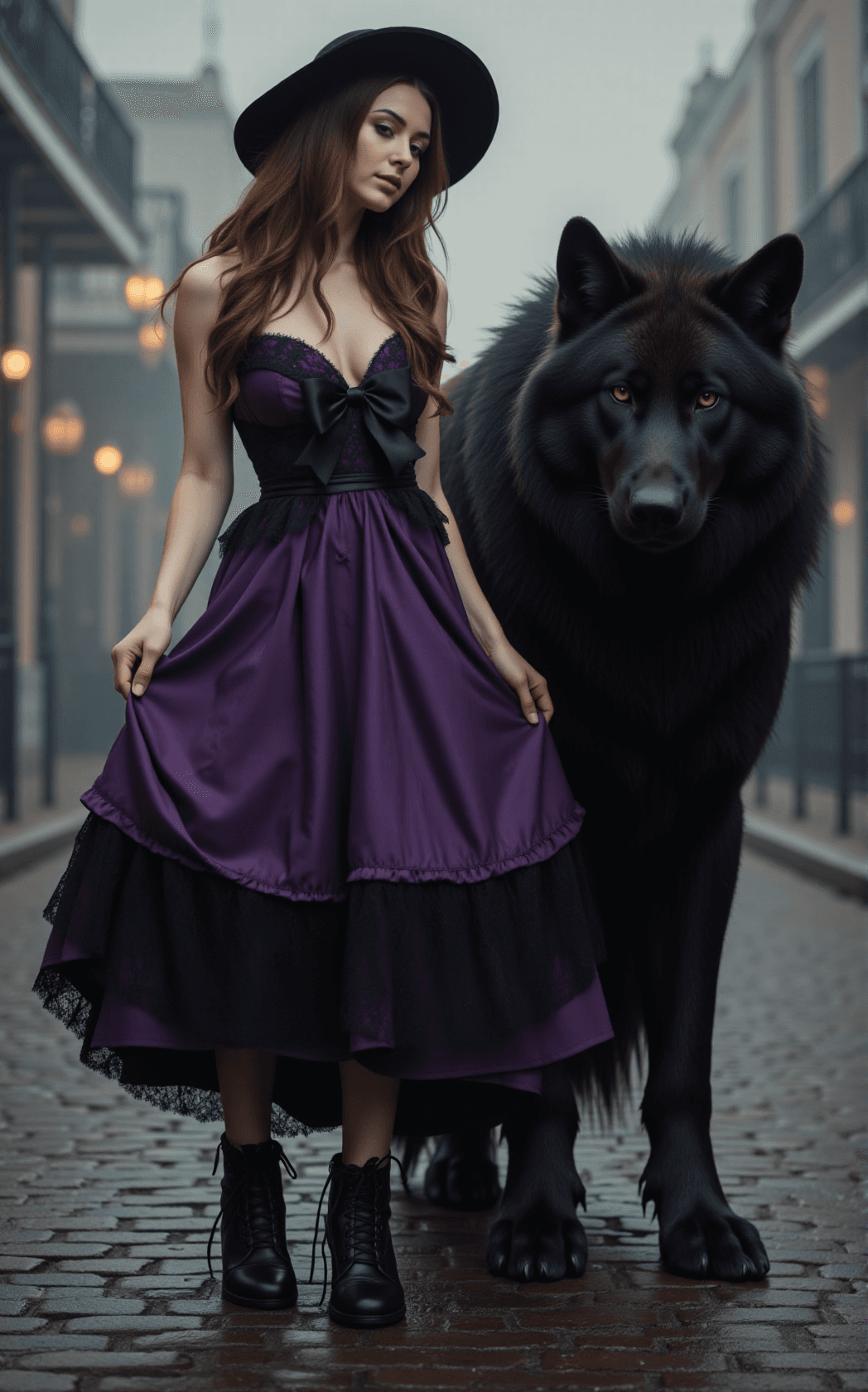 AI generated: A realistic photograph captures a striking woman with long, wavy chestnut hair cascading over her sh...