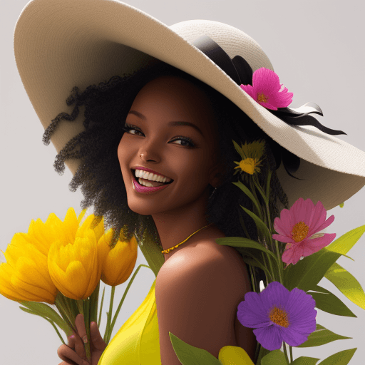 AI generated: black super female model laughing with a hat of spring colored flowers 