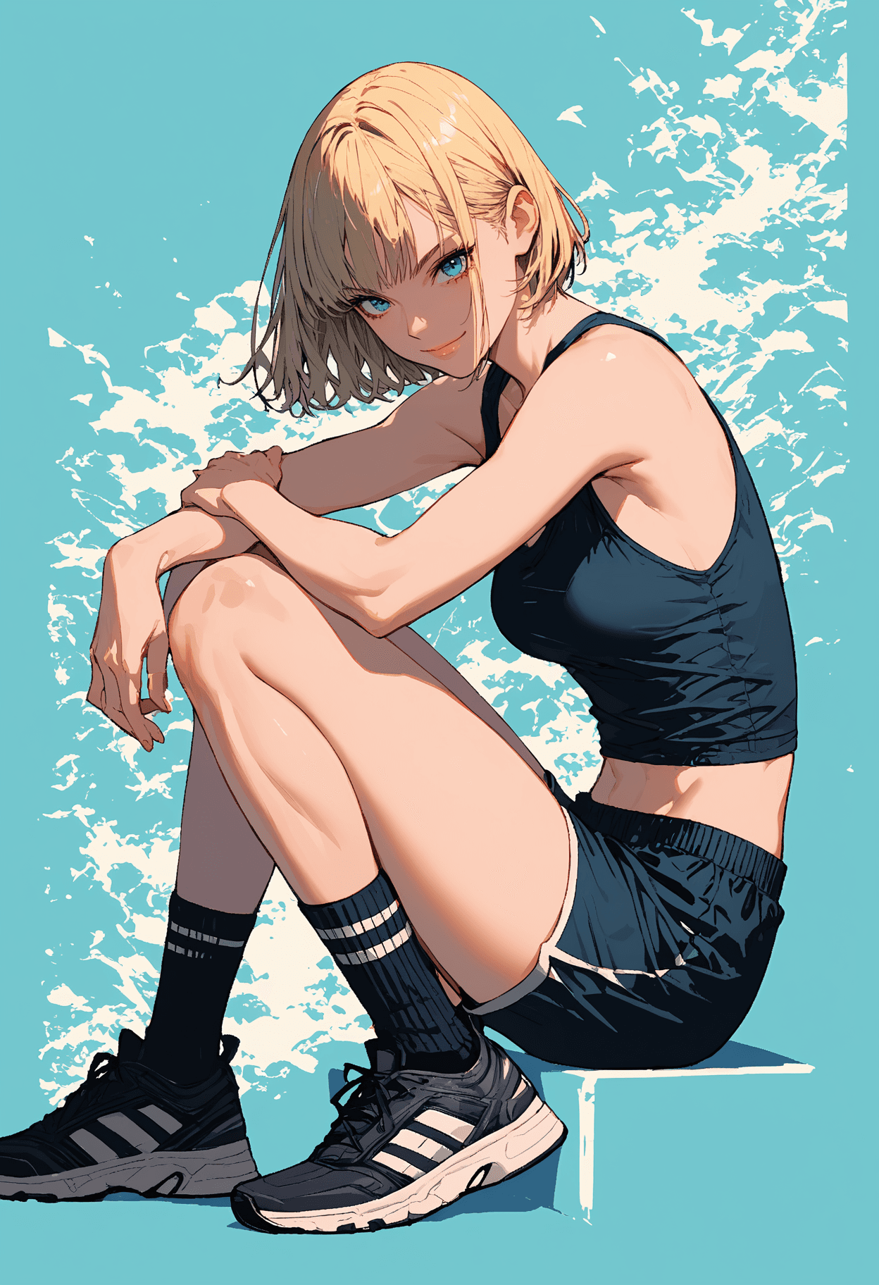 AI generated: score_9, score_8_up, score_7_up,source_anime,1girl,solo,blonde hair,very short hair,bangs,marine blu...