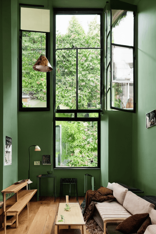 AI generated: high resolution photography interior design, wooden floor, small windows opening onto the garden, ba...