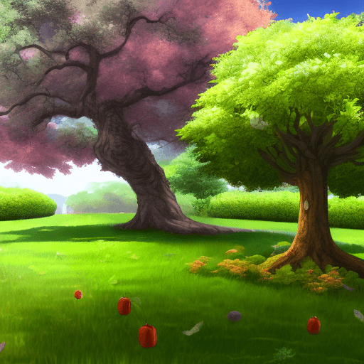 AI generated: A big apple tree in a center of garden in mid journey style in details and high resolution by anime