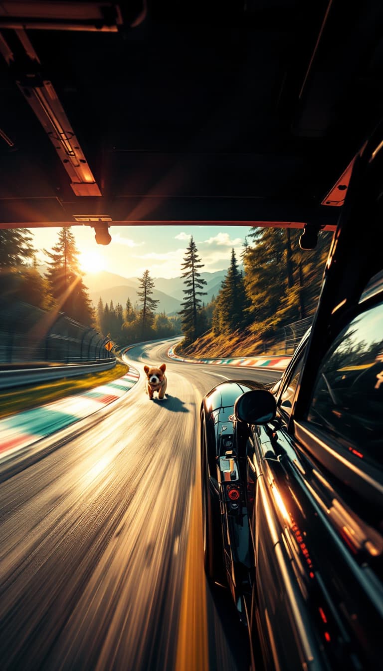 AI generated: Summer. The first racing car racing on the track.  From the car window in the distance, around the b...