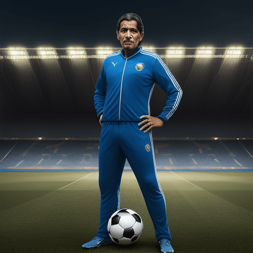 AI generated: Hyper realistic photo on a soccer pitch, man standing,  55 yo, latin american, dark hair, in blue tr...