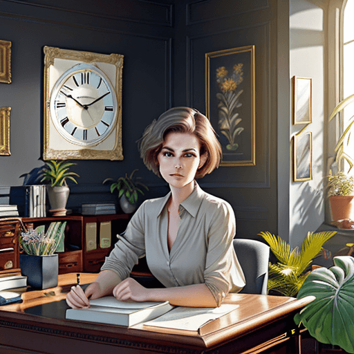 AI generated: elegant young woman sitting at her desk in her personal office, short haircut, brown hair with gray ...