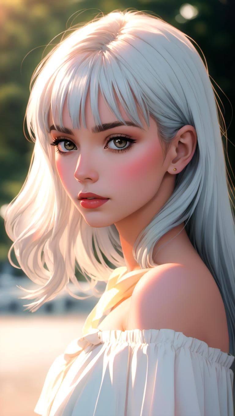 AI generated: 1 lady, solo, realistic face, sunset, beautiful, off shoulder dress, (silver white hair) long straig...