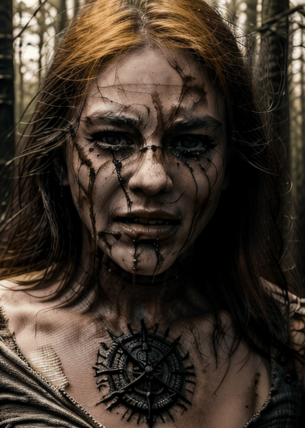 AI generated: screaming viking warrior, bloody, injured, mid shot, steal armor, pagan face tattoos, bloody axe, fo...