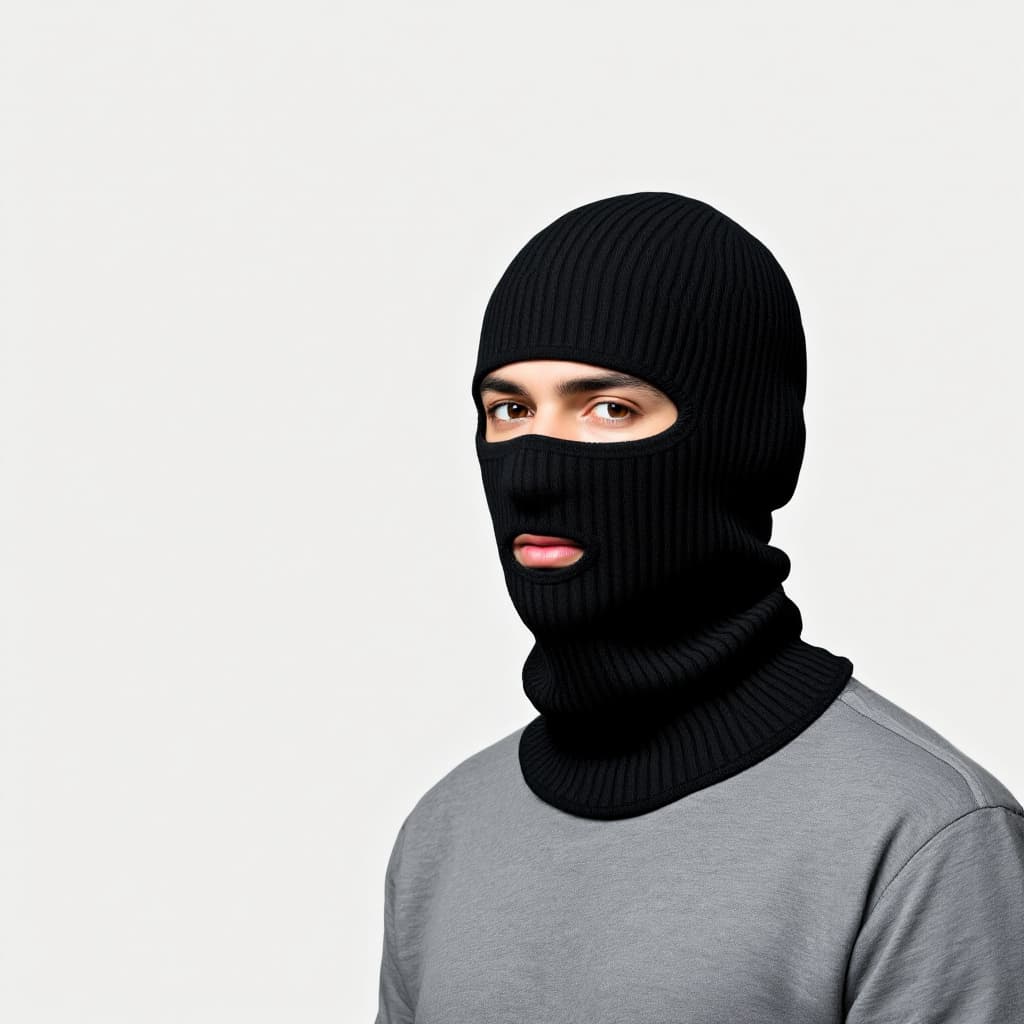AI generated: A person wearing a black knitted balaclava, covering the head and neck, with openings for the eyes a...