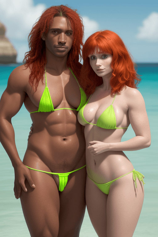 AI generated: a couple two people, the first person is Bryce Dallas Howard, a woman wearing a fluorescent lime gre...