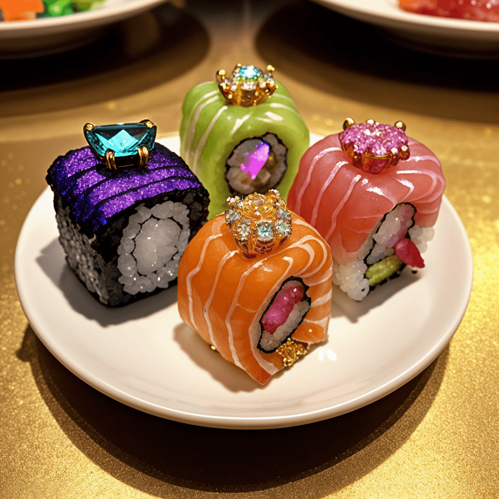 AI generated:  still life, gem, crystal, shiny, sparkle, food focus, sushi made of golden jewelry.jewelry rings sw...