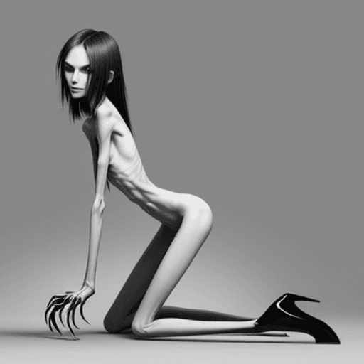 AI generated: very skinny slender girl, with long curved claws, skinny legs and long skinny calves in high heels a...