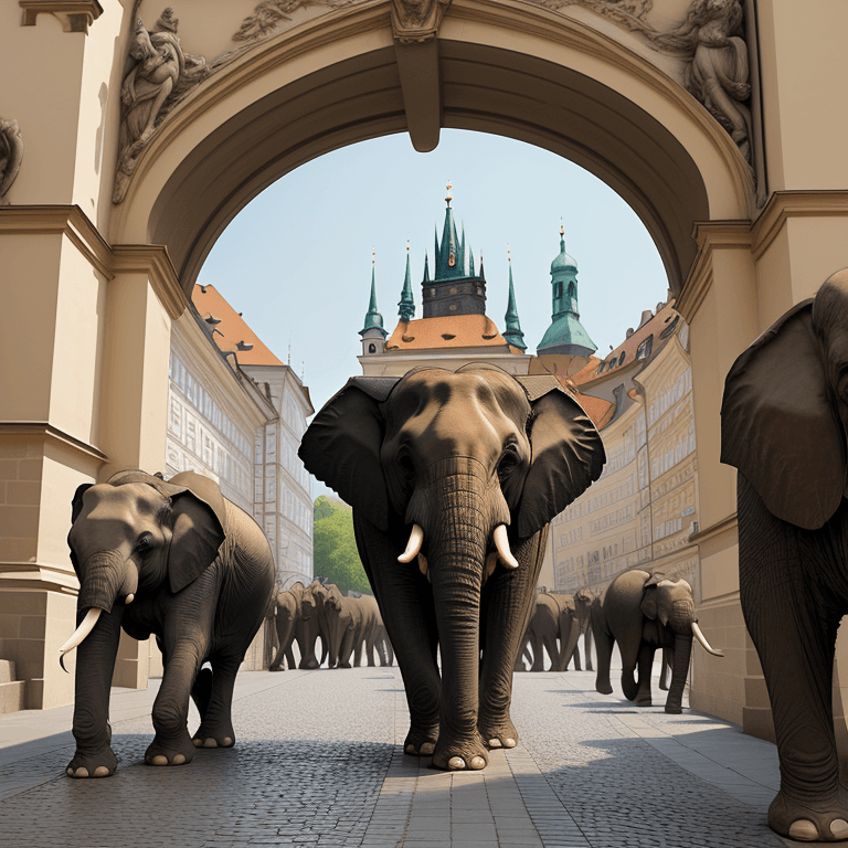 AI generated: Elephants entering the main gate of Prague Castle