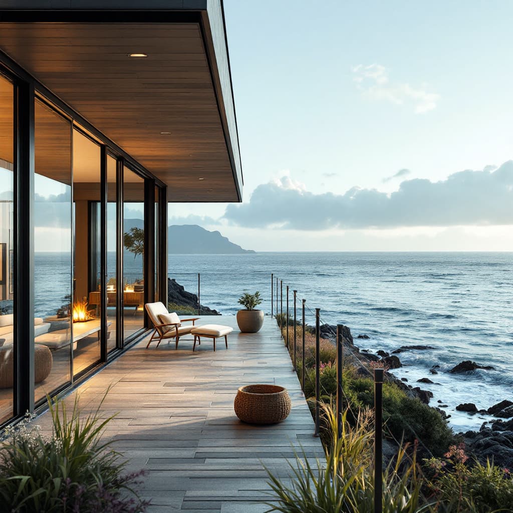 AI generated: Hyper realistic eye level exterior photo of a mid century modern style house overlooking the ocean, ...