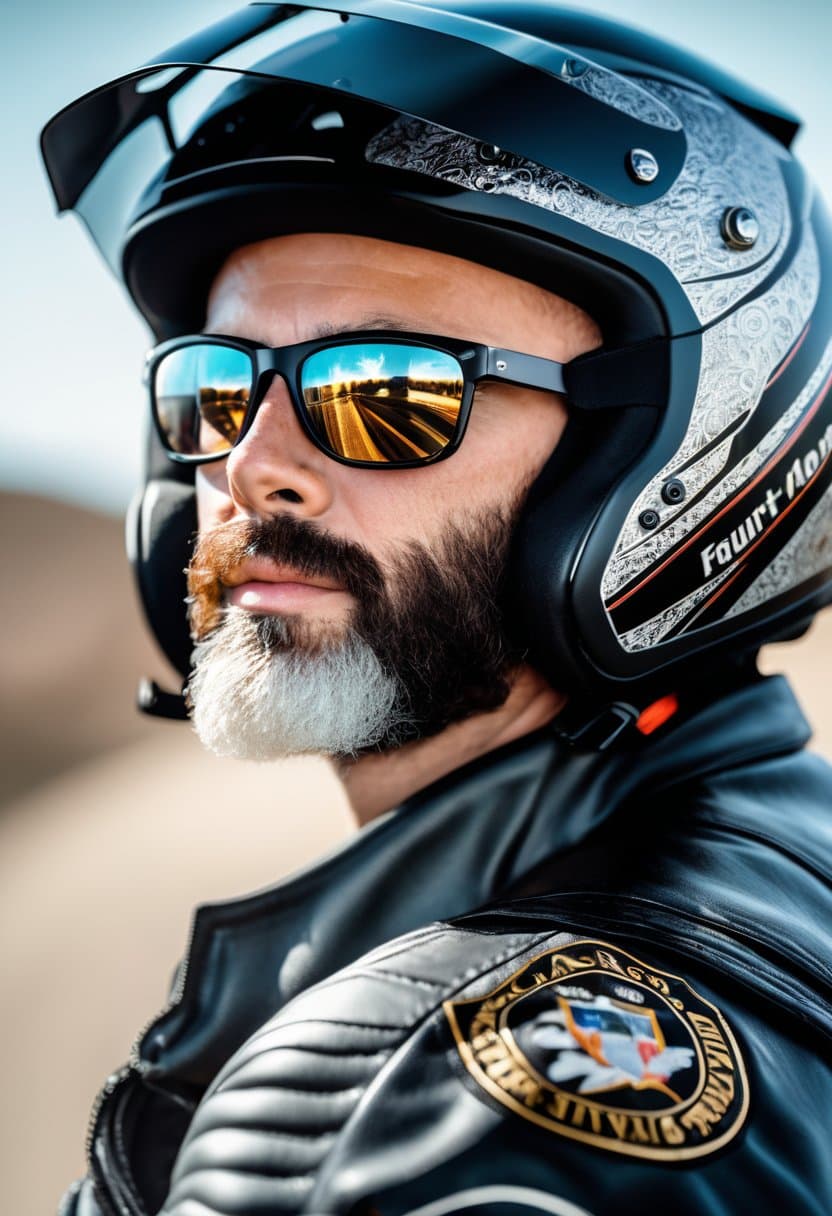 AI generated: an ultra-realistic portrait photograph of a masculine motorbike rider with glasses, a detailed beard...