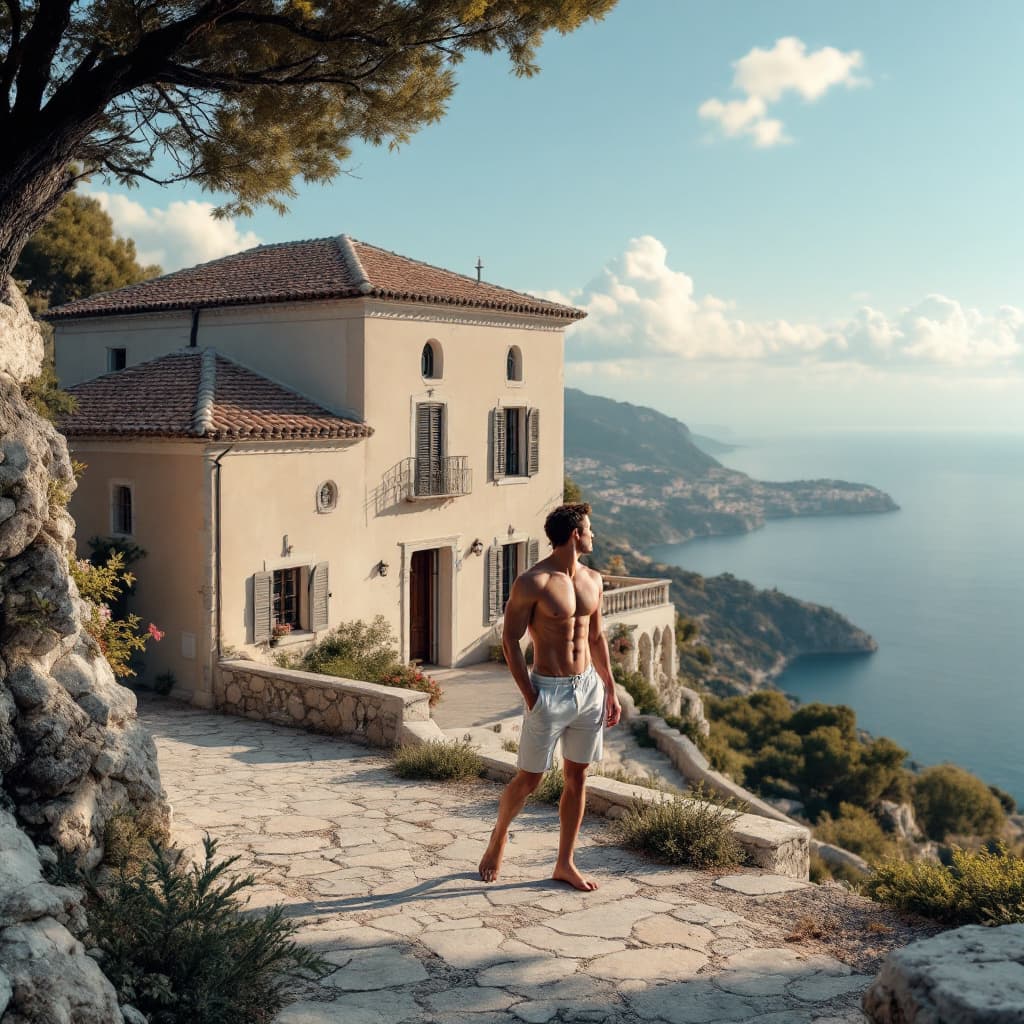AI generated: Hyper realistic eye level exterior photo of a old italian picturesque style house overlooking the oc...