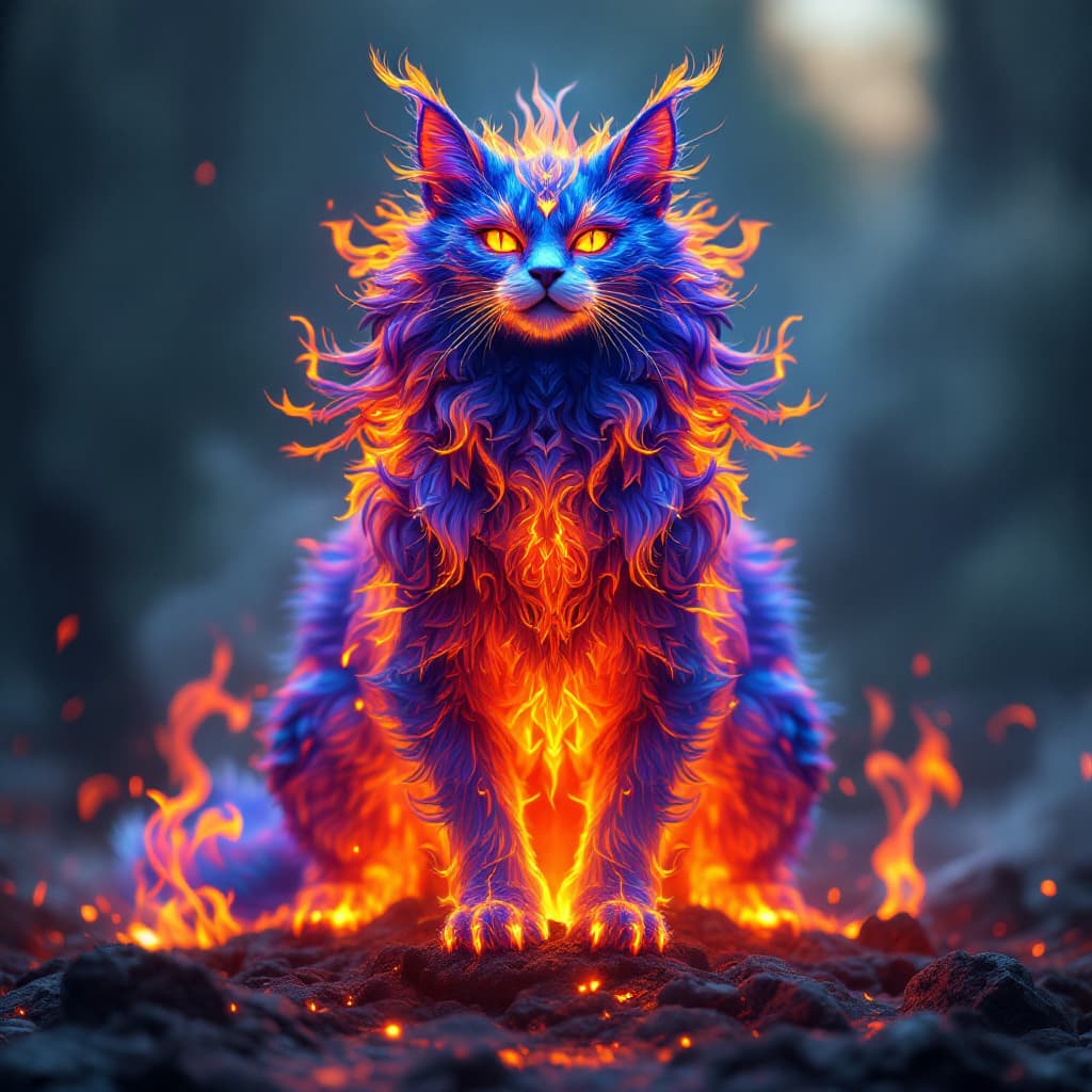 AI generated: an artistic depiction of a mythical cat rising from the flames, with vibrant colors and intricate de...